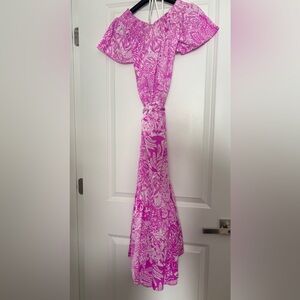 Size S Lilly Pulitzer midi dress. Pink and white off the shoulder with belt.